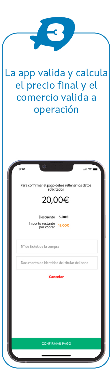 La app valida y calcula el precio final y el comercio valida la operación